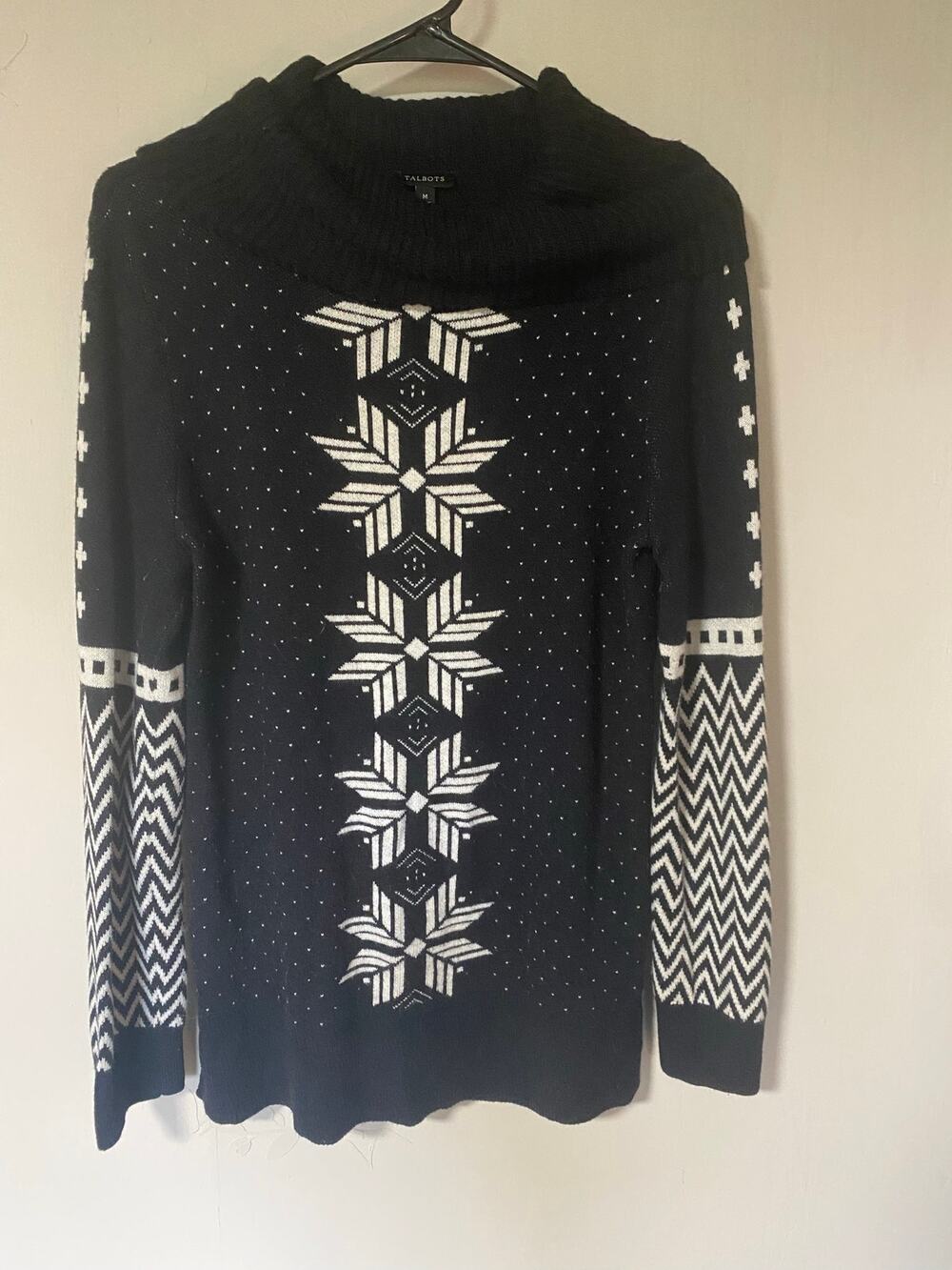 Talbots Lambswool Blend Nordic Polka Dot Black & White Cowl Neck Sweater Medium